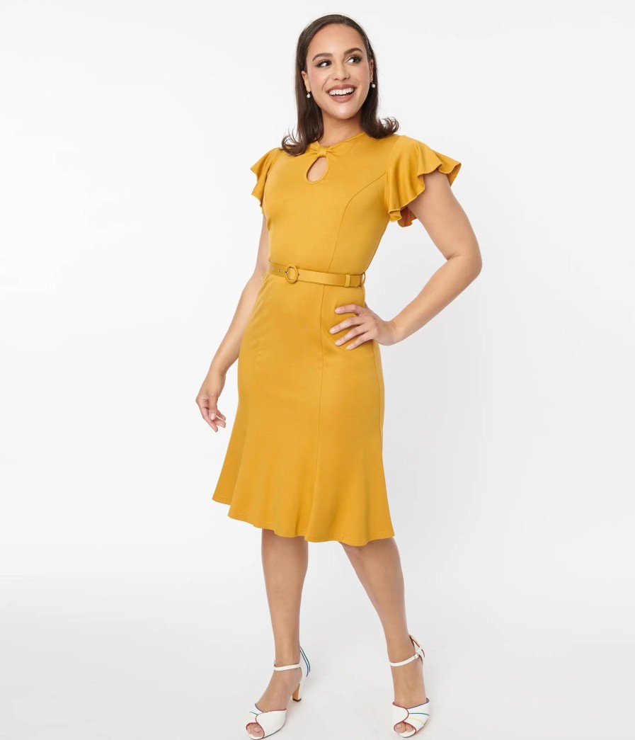 * Silver Stop Inc. (Voodoo Vixen) Voodoo Vixen Mustard Flutter Sleeve Fit & Flare Dress Fit & Flare