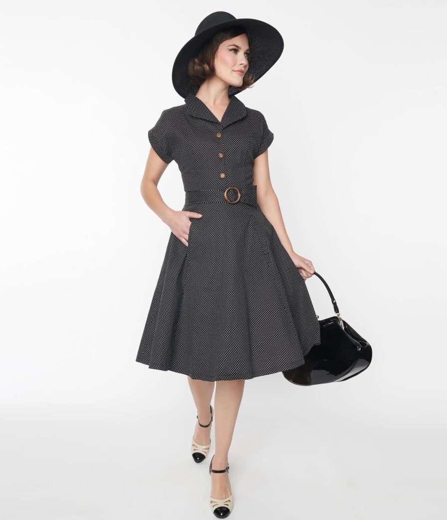 * Lifestyle Group (Uk) Ltd 1950S Belted Black Pin Dot Swing Dress Swing