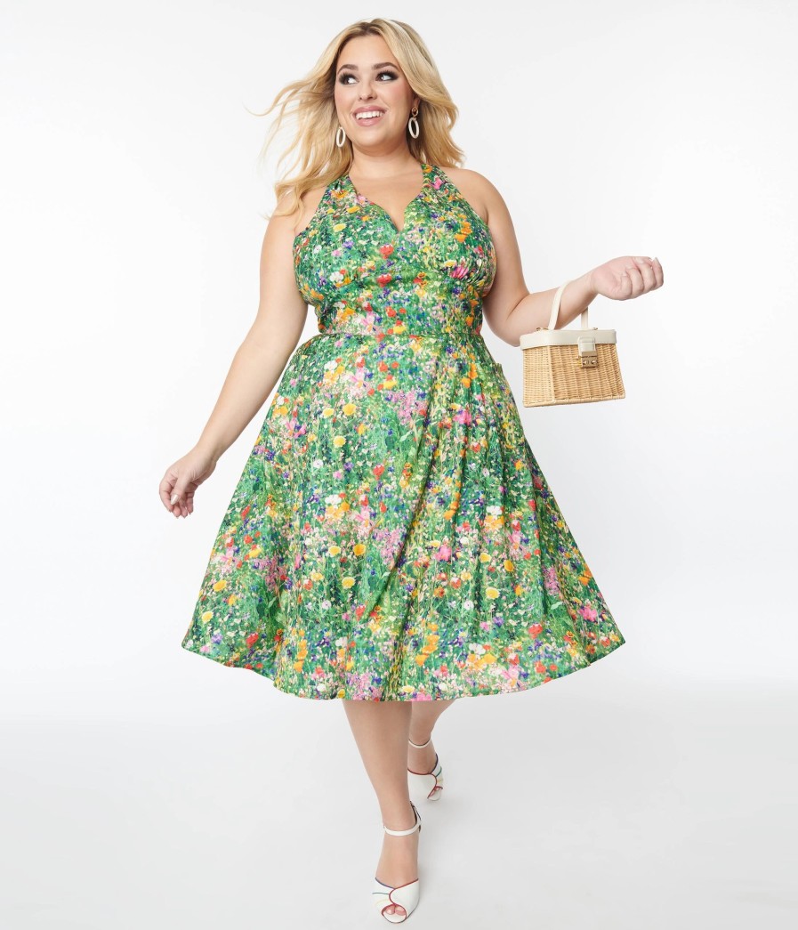 * Unique Vintage Plus Size Floral Meadow Halter Swing Dress Swing