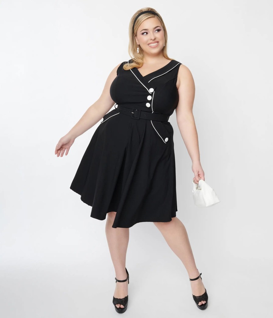 * Silver Stop Inc. (Voodoo Vixen) Voodoo Vixen Plus Size Black & White Asymmetrical Belted Swing Dress Swing