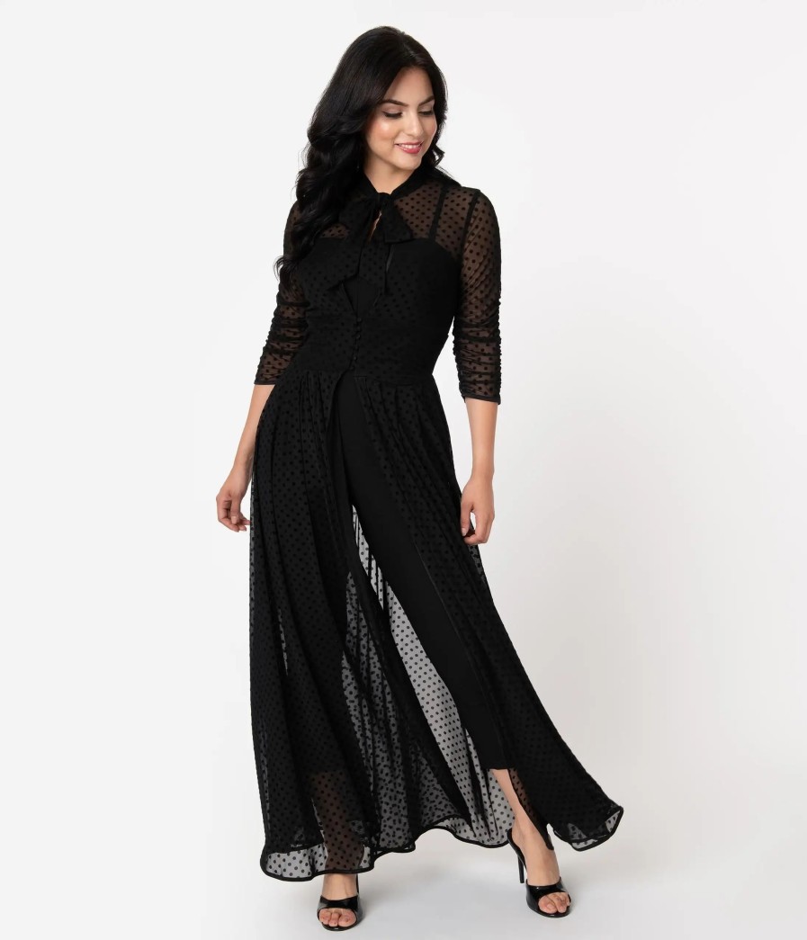 * Unique Vintage Black Swiss Dot Starlet Duster Midi & Maxi