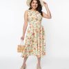 * Retrolicious White Hibiscus & Hummingbird Print Midi Dress Midi & Maxi