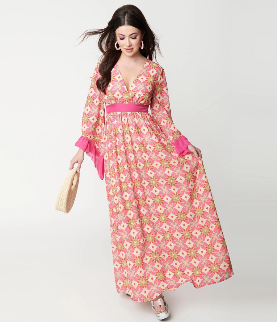 * Unique Vintage Pink Stained Glass Floral Maxi Dress Midi & Maxi