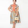 * Unique Vintage Plus Size Antique Blue & Orange Floral Satin Swing Dress Swing