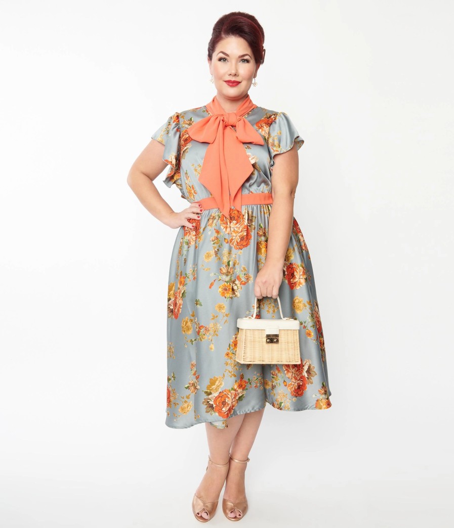 * Unique Vintage Plus Size Antique Blue & Orange Floral Satin Swing Dress Swing