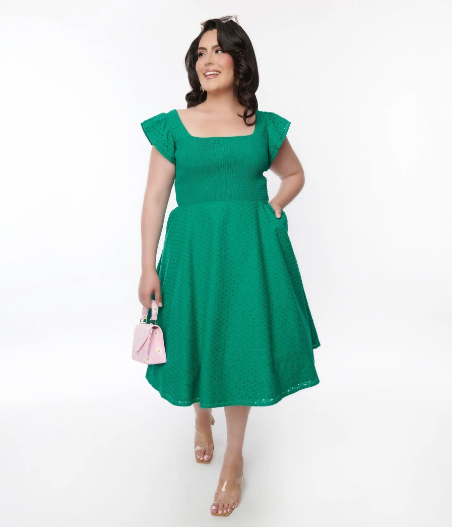 * Sheen Clothing Ltd Green Eyelet Ruffle Sleeve Swing Dress Everyday