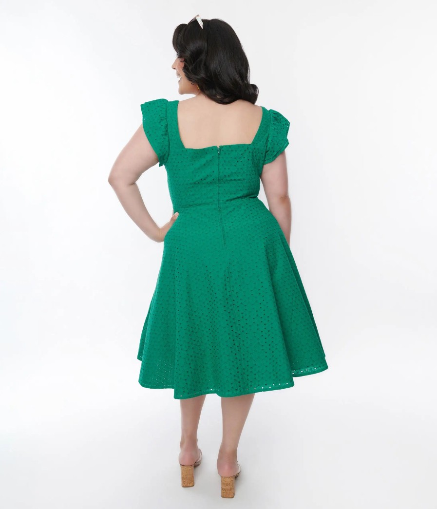 * Sheen Clothing Ltd Green Eyelet Ruffle Sleeve Swing Dress Everyday