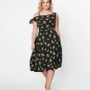 * Unique Vintage Black & Yellow Floral Bow Tie Swing Dress Swing