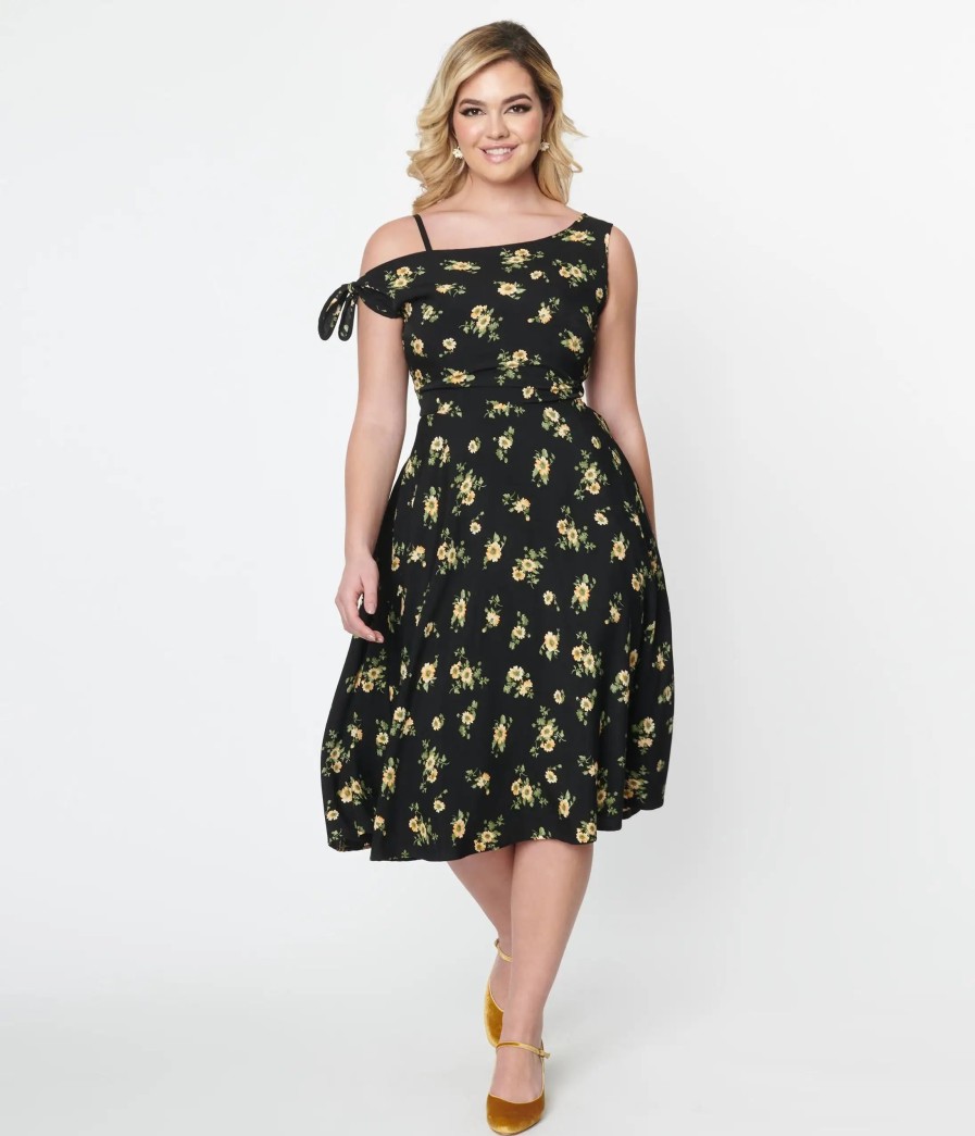 * Unique Vintage Black & Yellow Floral Bow Tie Swing Dress Swing