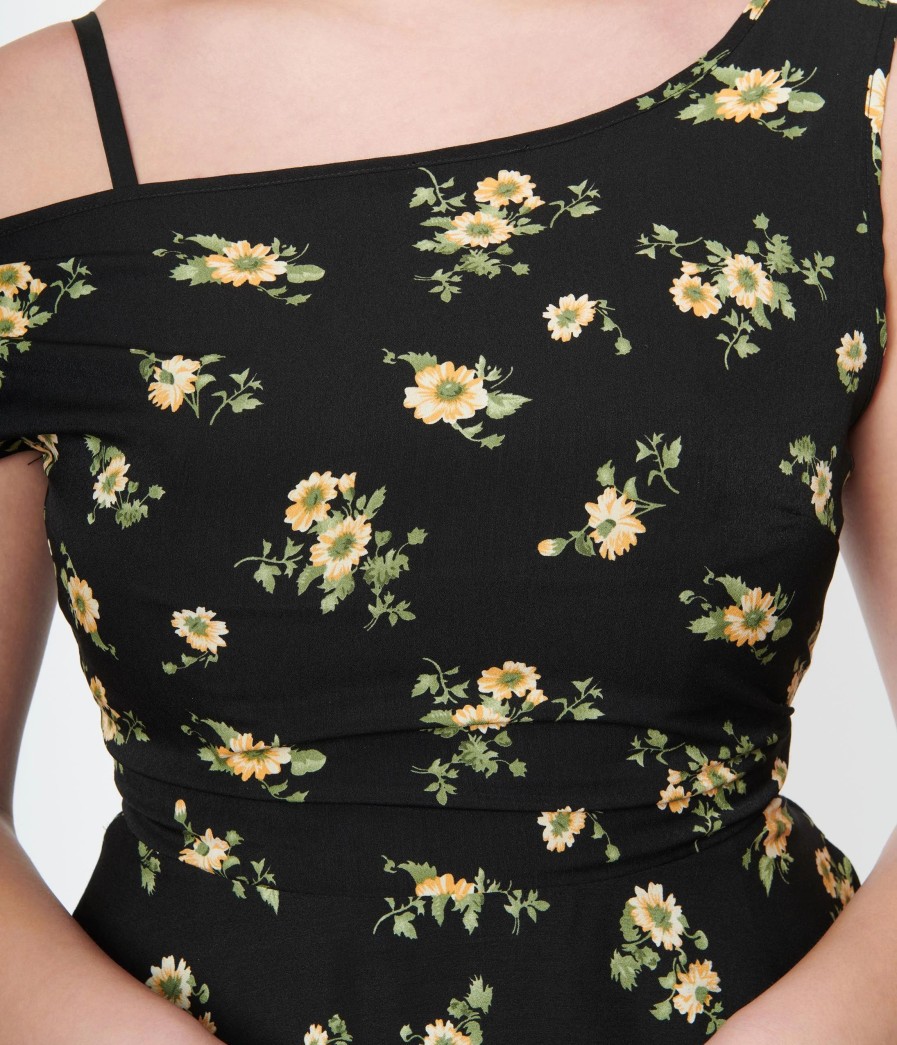 * Unique Vintage Black & Yellow Floral Bow Tie Swing Dress Swing