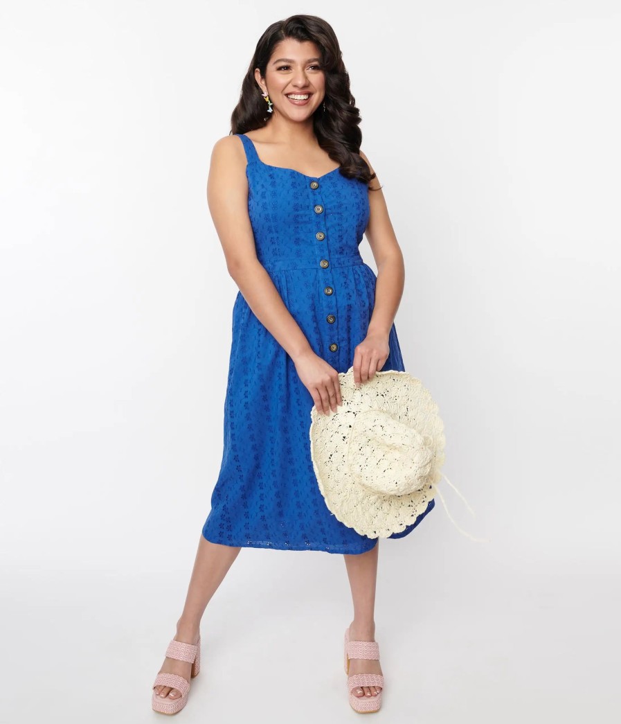 * Sheen Clothing Ltd Blue Eyelet Button Up Sundress Everyday