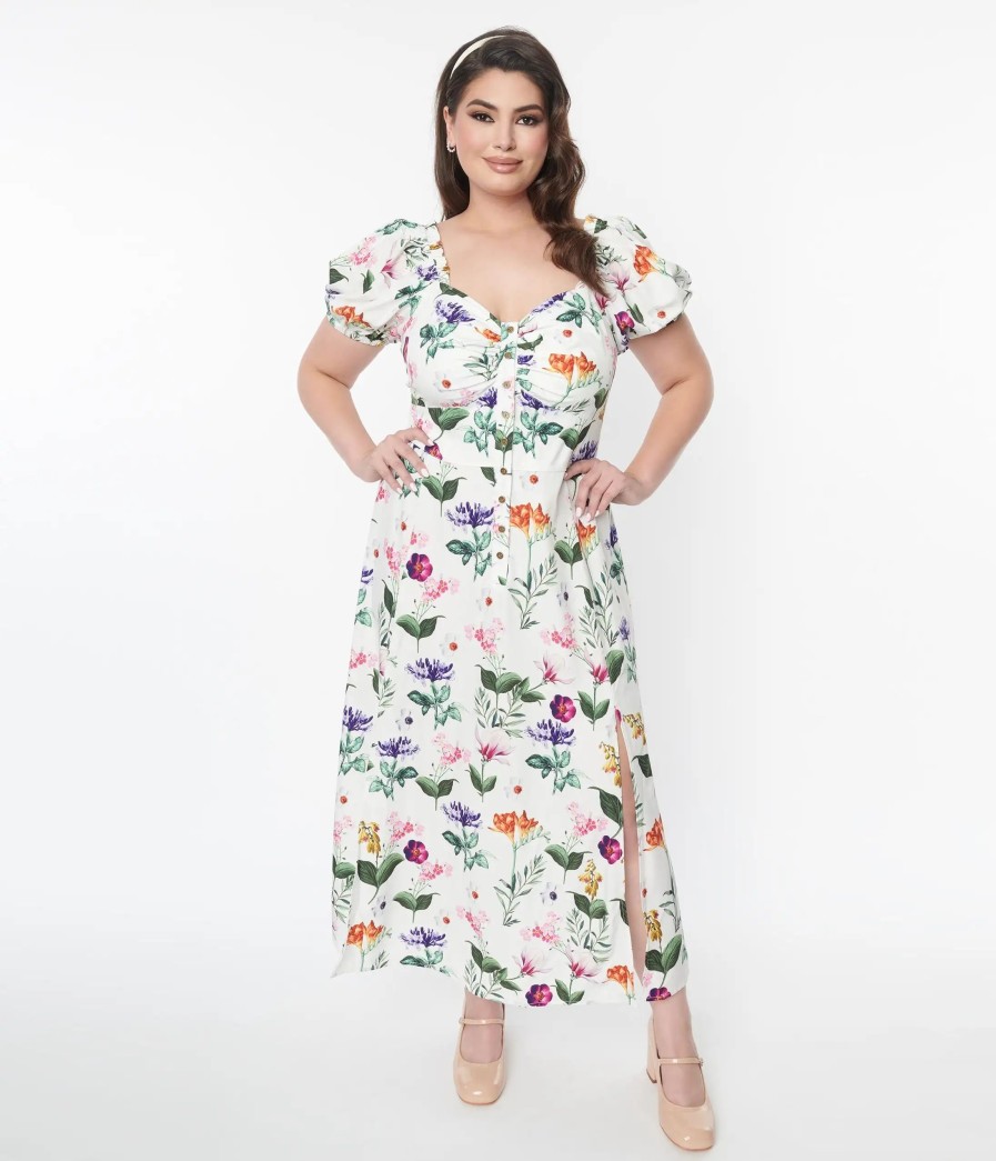 * Unique Vintage Plus Size White & Multicolor Floral Midi Dress Midi & Maxi