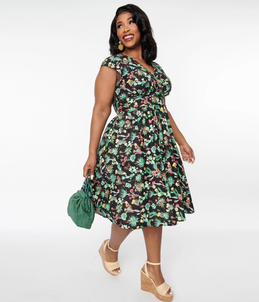 * Plus Size Retrolicious Black Cactus Greta Swing Dress Swing