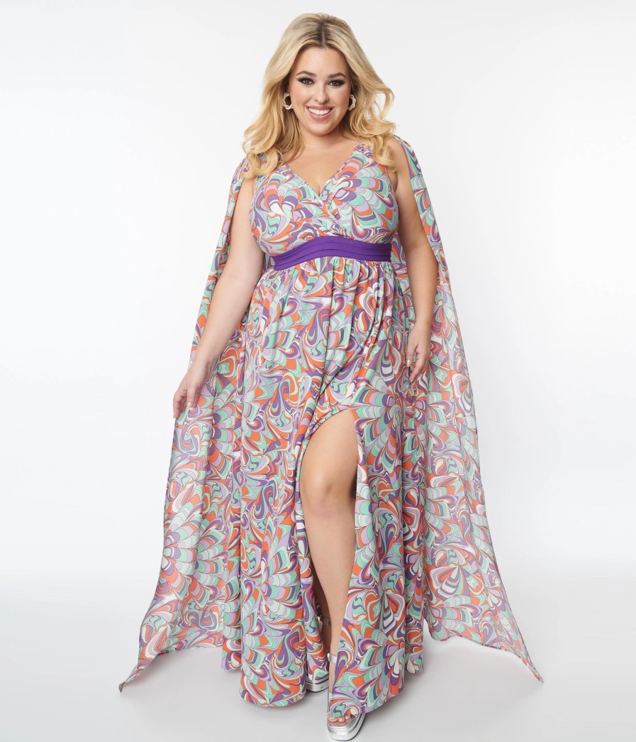 * Unique Vintage Plus Size Purple & Mint Psychedelic Wave Print Cape Maxi Dress Midi & Maxi