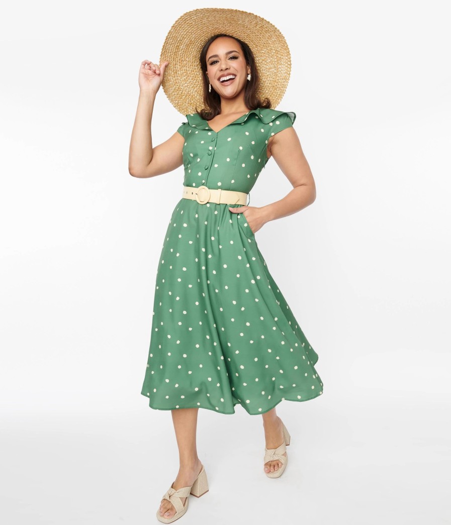 * Silver Stop Inc. (Voodoo Vixen) Voodoo Vixen Green & Ivory Dot Midi Dress Midi & Maxi