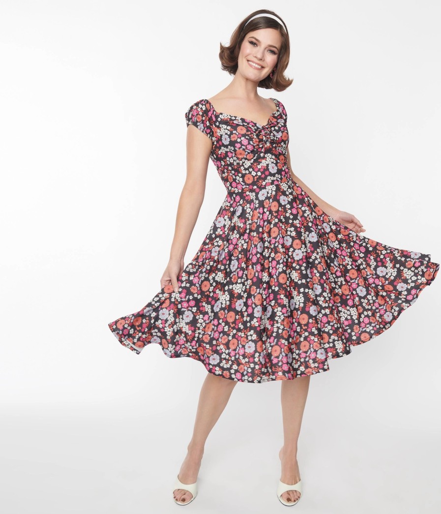 * Sheen Clothing Ltd Black Multicolor Floral Sophia Swing Dress Swing