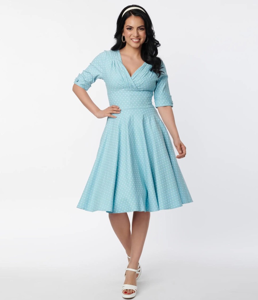 * Unique Vintage Light Blue Pin Dot Delores Swing Dress Swing