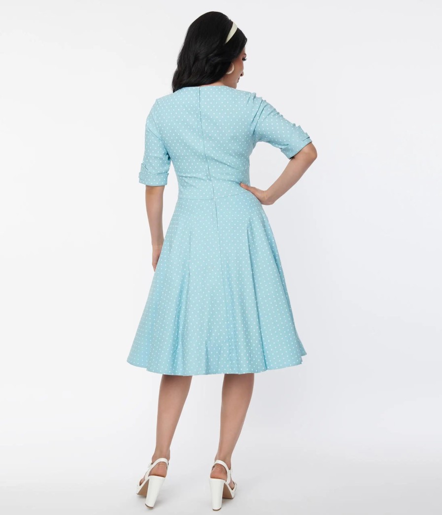 * Unique Vintage Light Blue Pin Dot Delores Swing Dress Swing