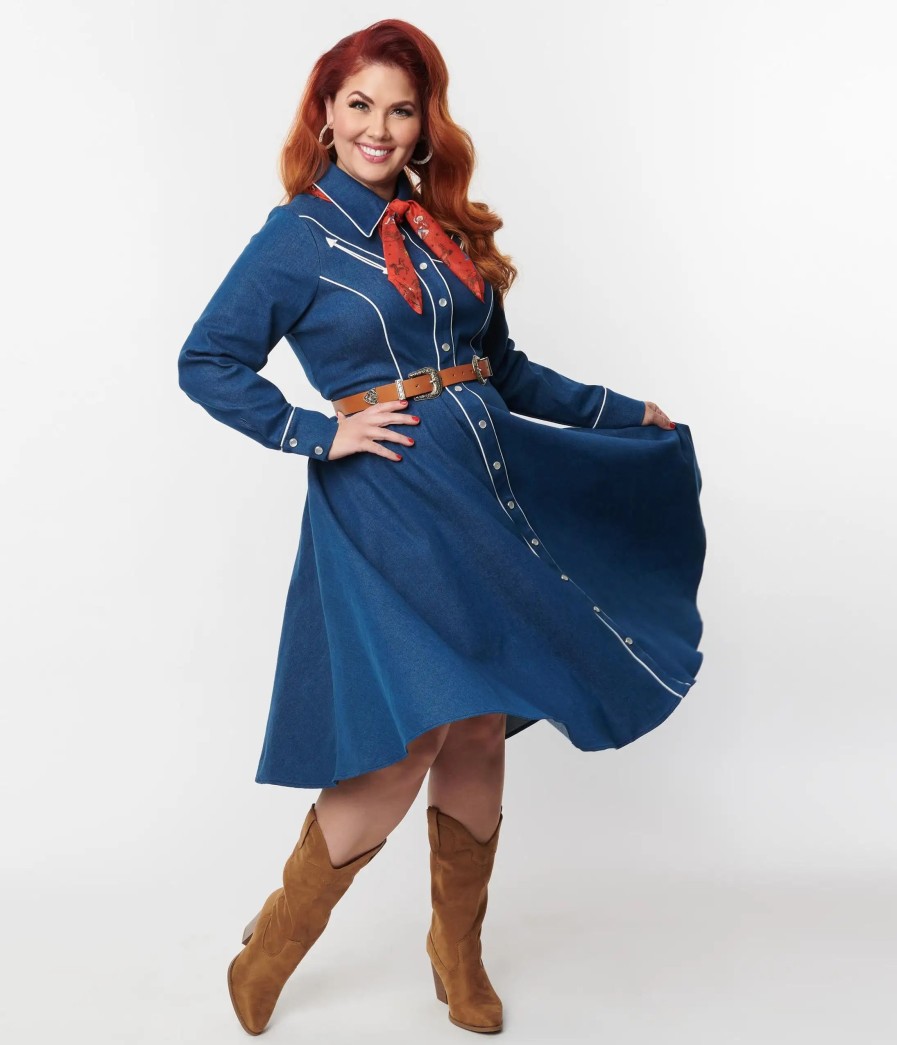 * Unique Vintage Plus Size Denim Western Shirt Swing Dress Swing