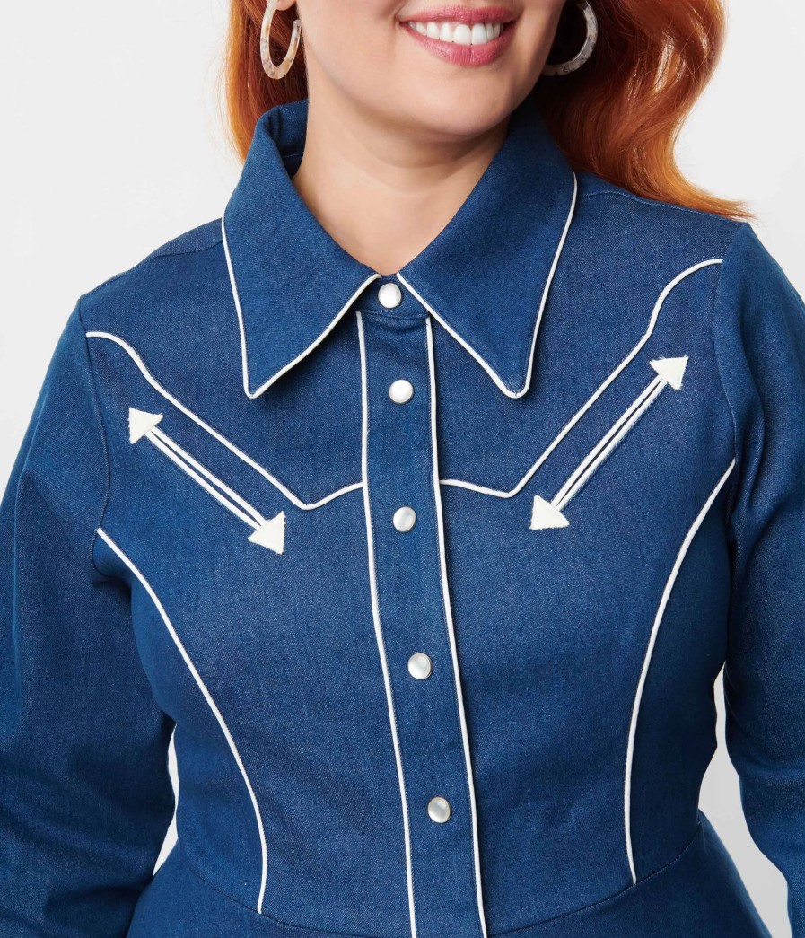 * Unique Vintage Plus Size Denim Western Shirt Swing Dress Swing