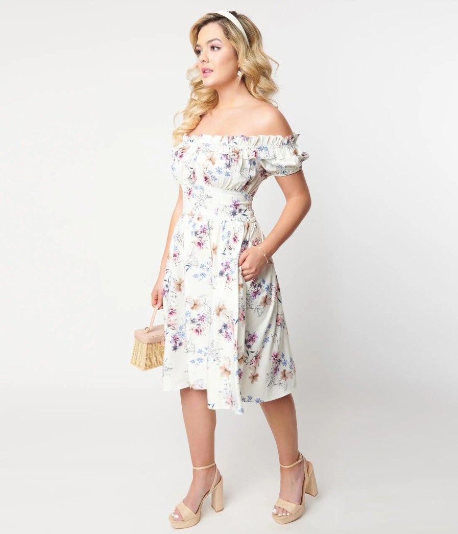 * Unique Vintage Ivory Floral Off The Shoulder Ruffle Swing Dress Swing