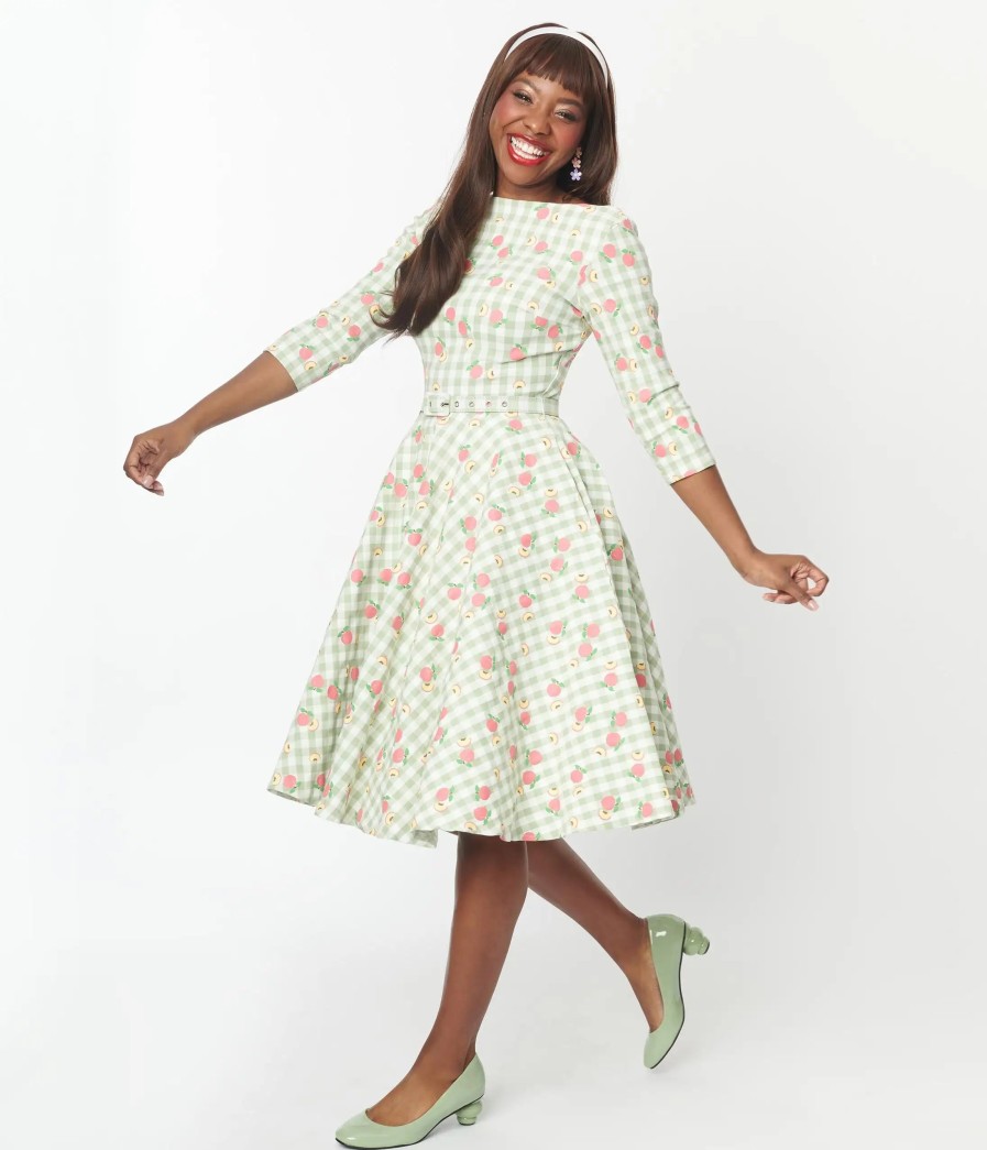 * Unique Vintage Green & Peach Gingham Devon Swing Dress Swing