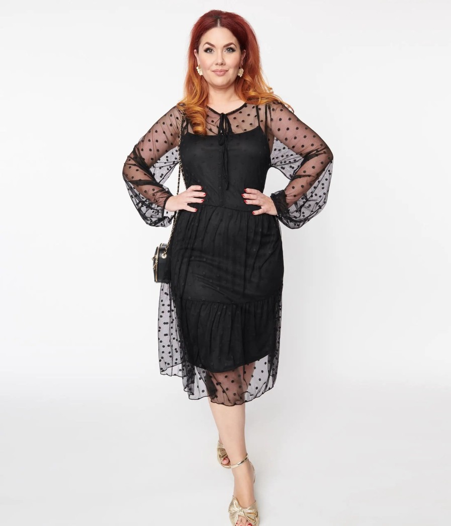 * Dorcas Plus Size Black Polka Dot Sheer Dress Midi & Maxi