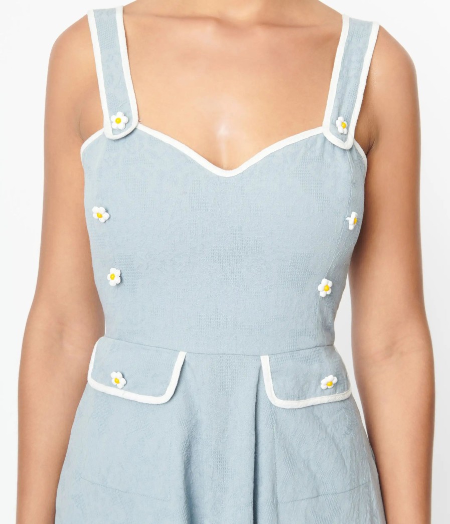 * Unique Vintage Dusty Blue Daisy Pinafore Swing Dress Swing