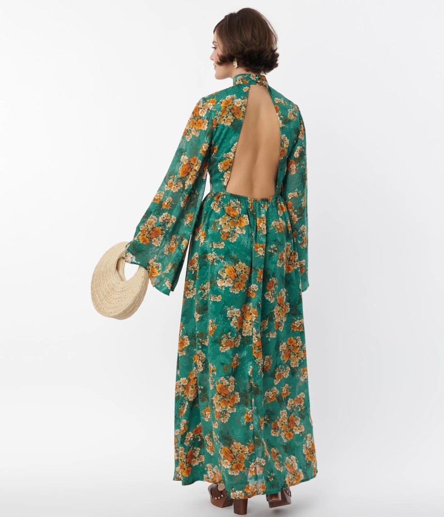 * Unique Vintage Green & Orange Floral Bell Sleeve Maxi Dress Midi & Maxi