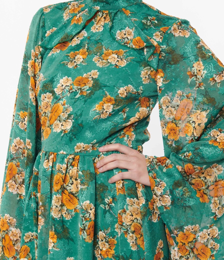 * Unique Vintage Green & Orange Floral Bell Sleeve Maxi Dress Midi & Maxi