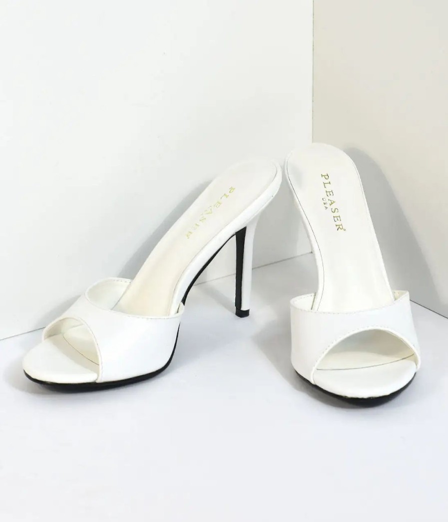 * Pleaser White Matte Leatherette Peep Toe Slip On Heels Swim Accessories