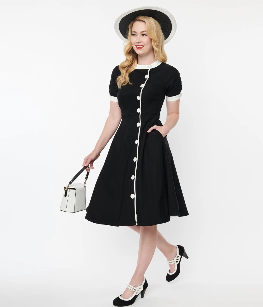 * Unique Vintage Black & White Contrast Button Swing Dress Swing