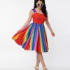 * Unique Vintage Red & Rainbow Stripe Swing Dress Swing