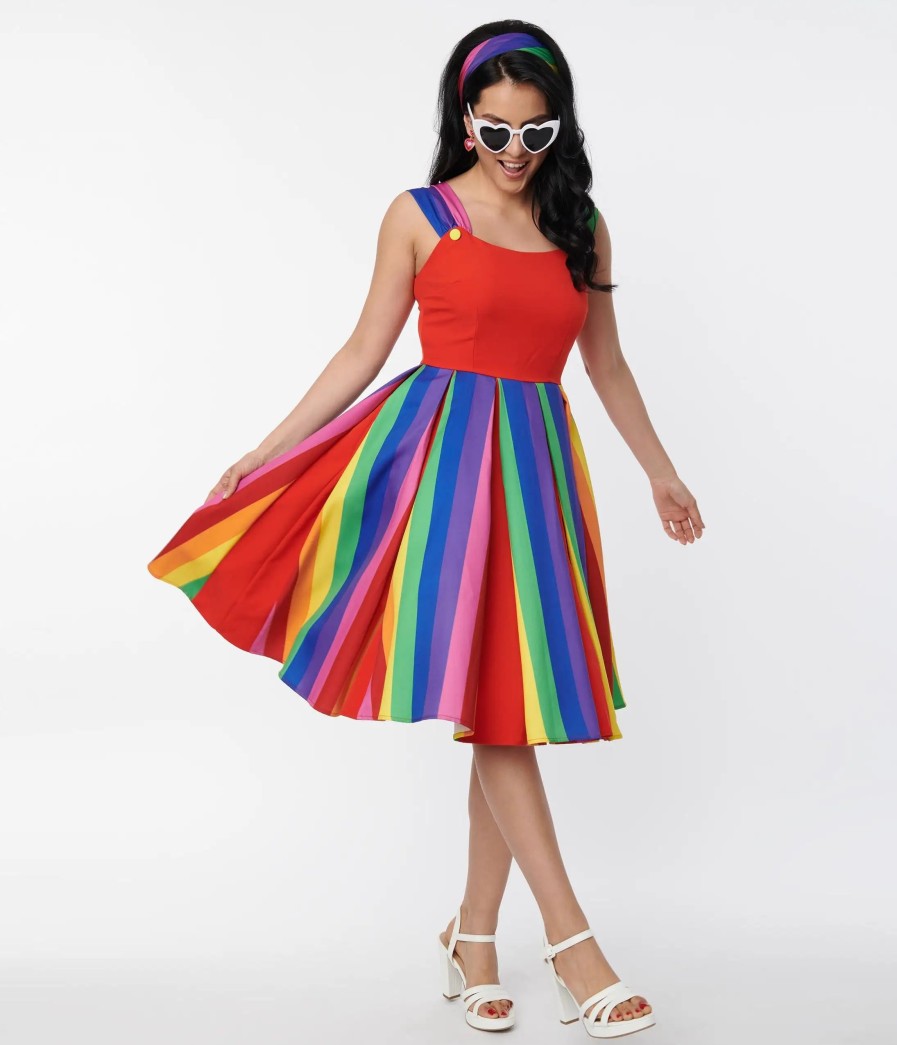 * Unique Vintage Red & Rainbow Stripe Swing Dress Swing