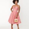 * Unique Vintage Coral Red Gingham Golightly Swing Dress Swing