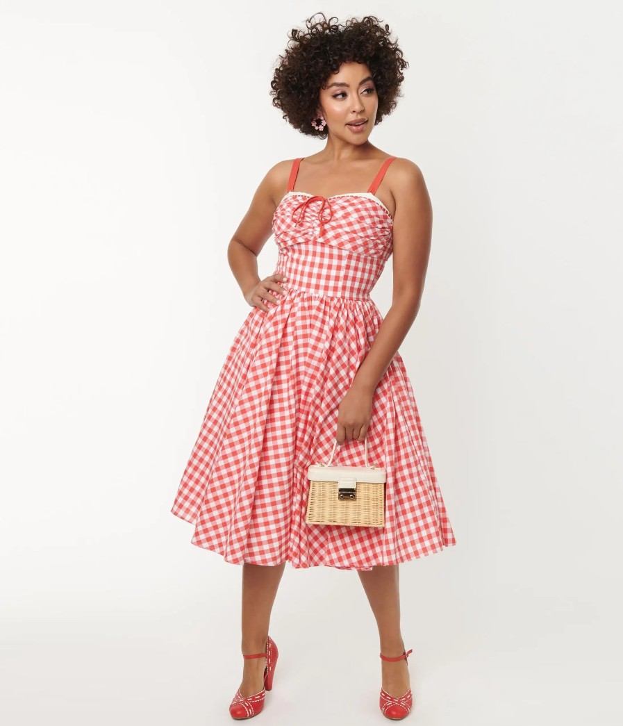 * Unique Vintage Coral Red Gingham Golightly Swing Dress Swing