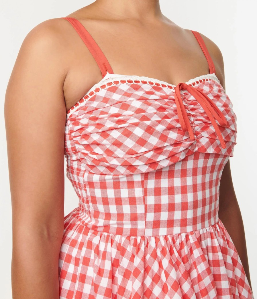 * Unique Vintage Coral Red Gingham Golightly Swing Dress Swing