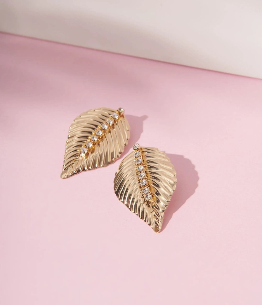 * Anb Fashion (Faire) Gold Rhinestone Leaf Stud Earrings Swim Accessories