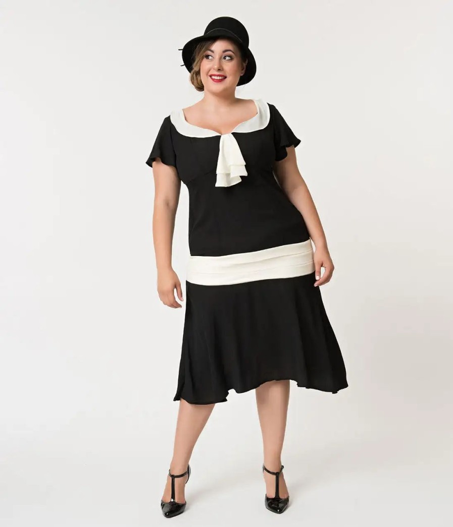 * Unique Vintage Plus Size 1920S Black & Cream Wilshire Flapper Day Dress Everyday