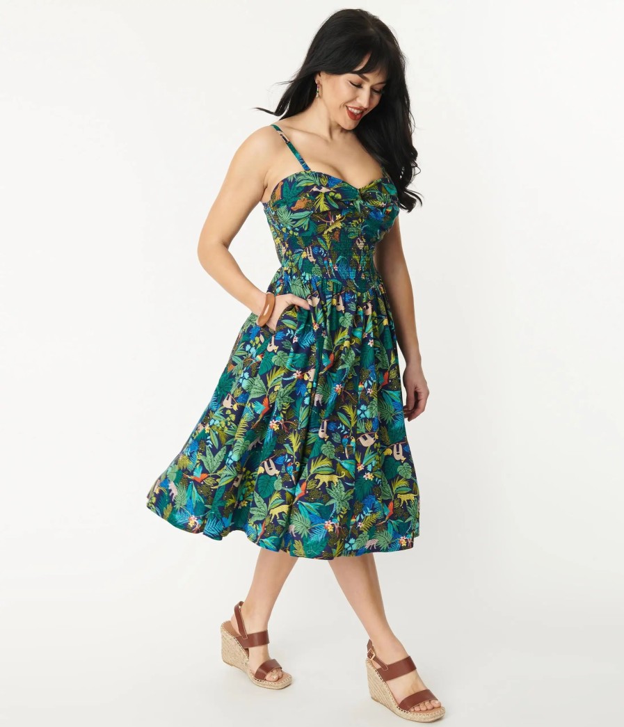 * Unique Vintage Navy Jungle Print Shimmy & Shake Swing Dress Swing