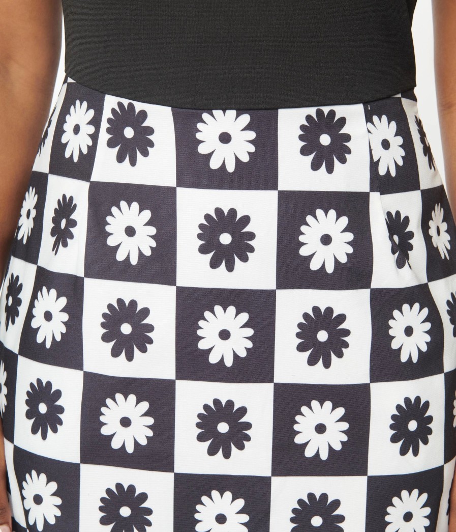 * Smak Parlour 1960S Black & White Floral Checkered Mini Dress Everyday