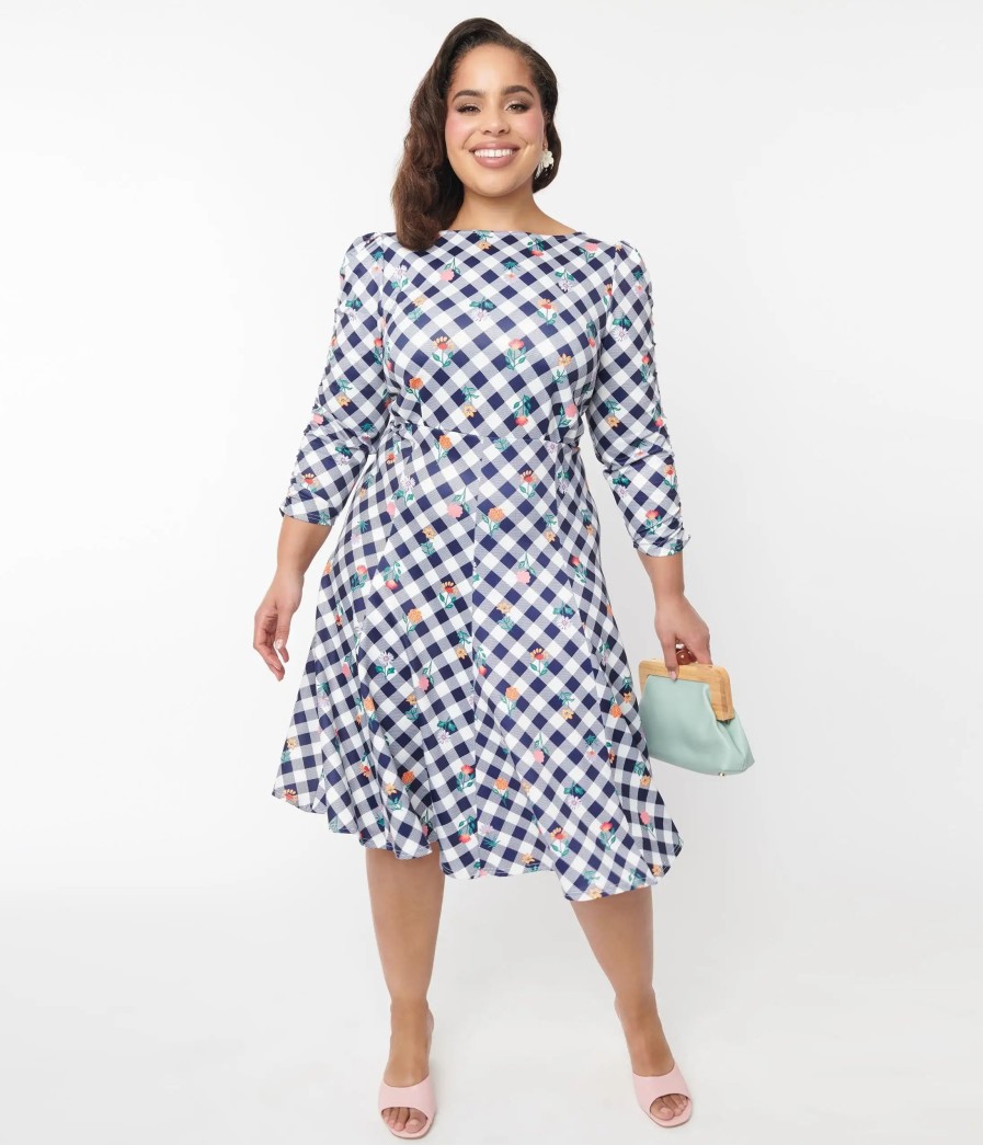 * Unique Vintage Curve Navy & White Floral Gingham Swing Dress Swing