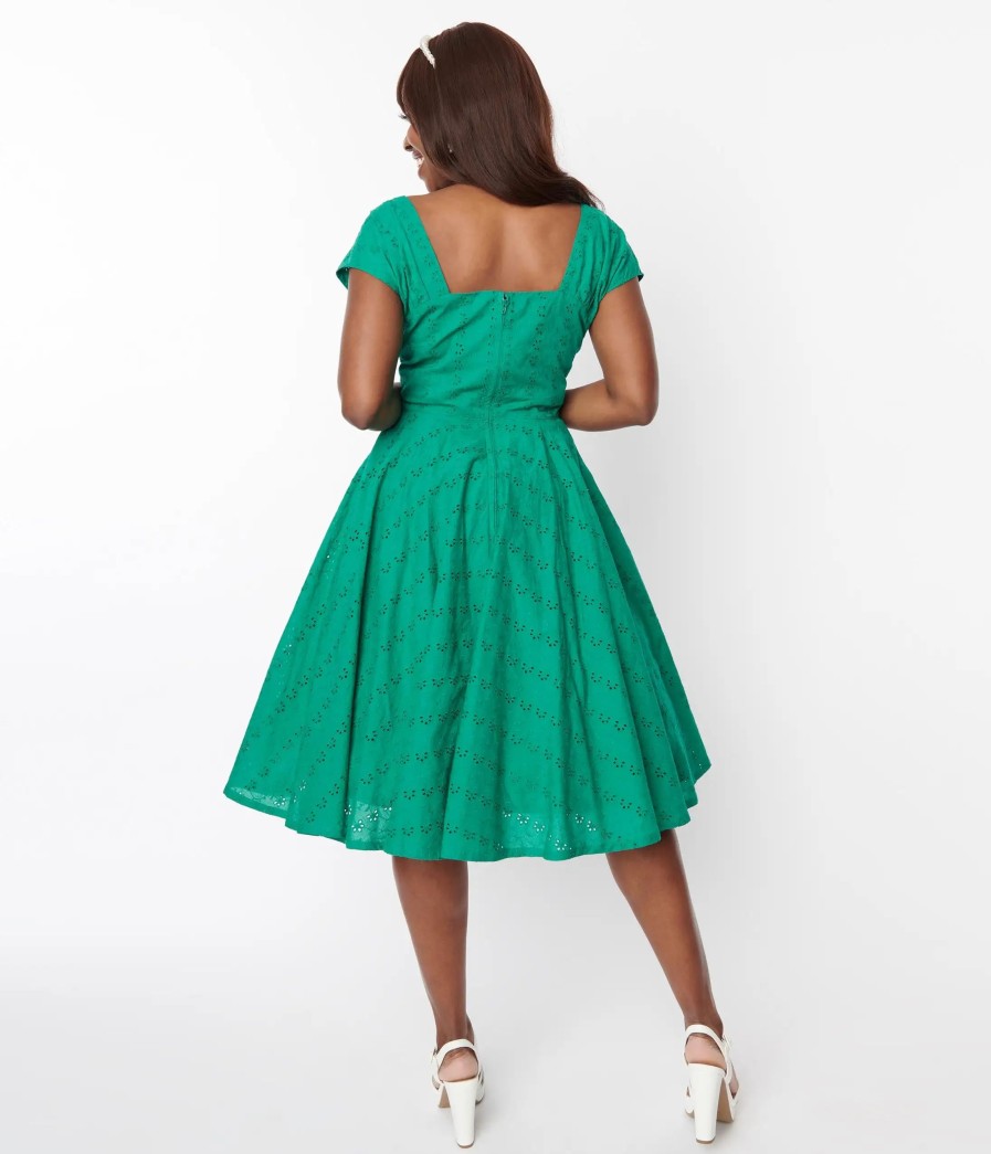 * Sheen Clothing Ltd Green Eyelet Swing Dress Swing