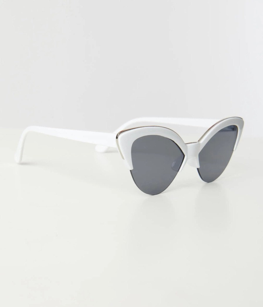 * Unique Vintage White & Silver Half Rim Cat Eye Sunglasses Swim Accessories