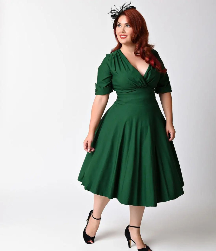 * Unique Vintage Plus Size Emerald Green Delores Swing Dress With Sleeves Swing