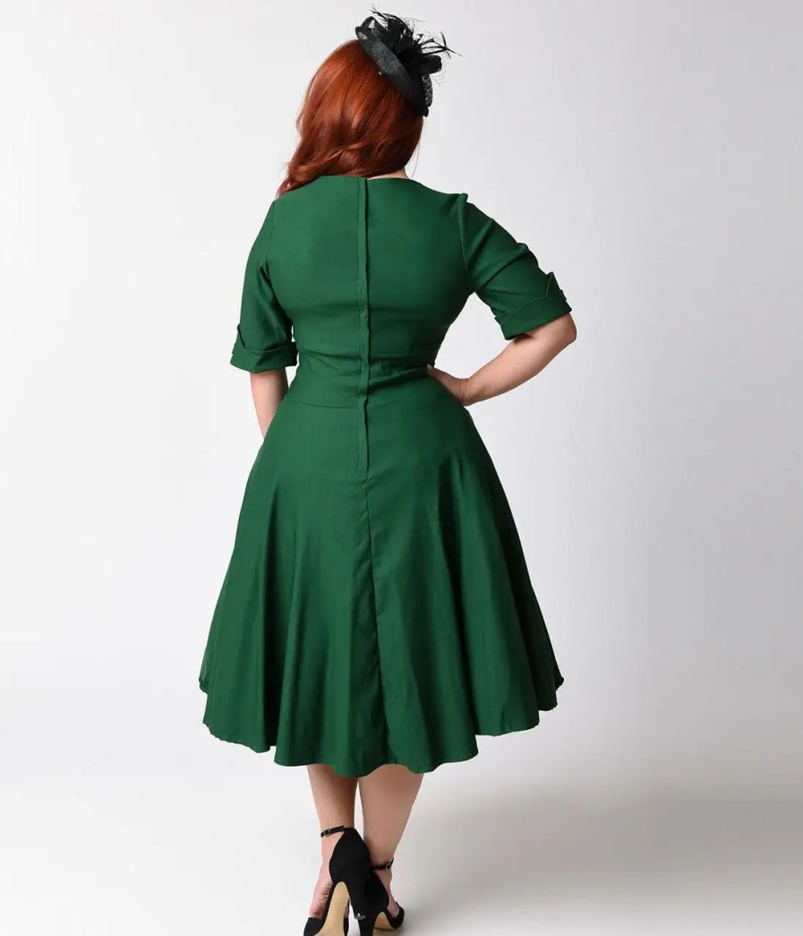 * Unique Vintage Plus Size Emerald Green Delores Swing Dress With Sleeves Swing