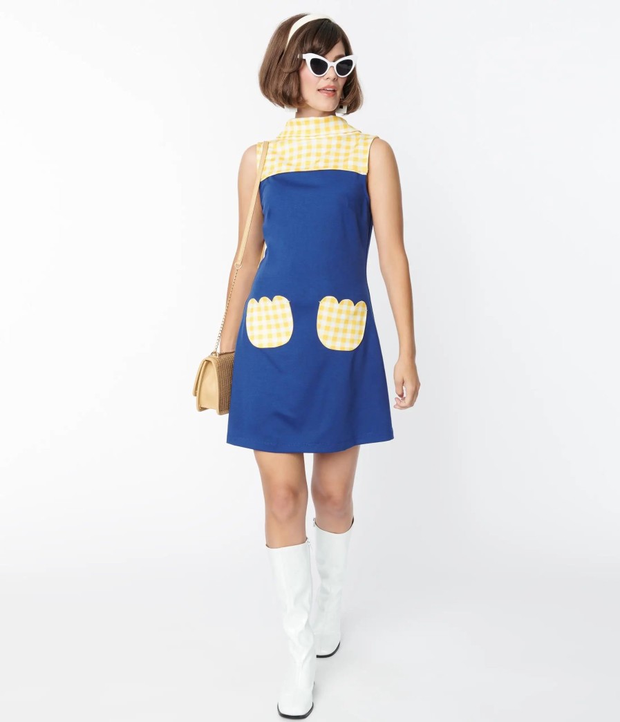 * Smak Parlour Navy & Yellow Gingham Haute Gossip Mini Dress Everyday