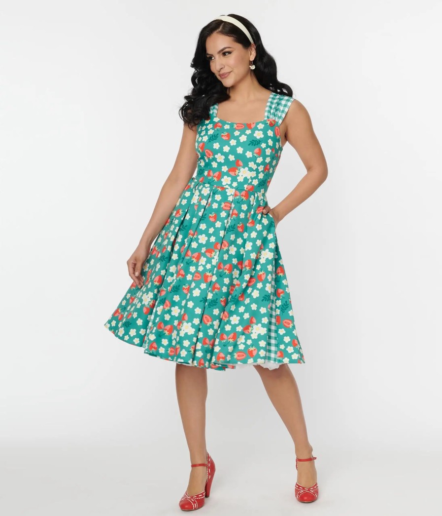 * Unique Vintage Teal Strawberry Floral Picnic Swing Dress Swing