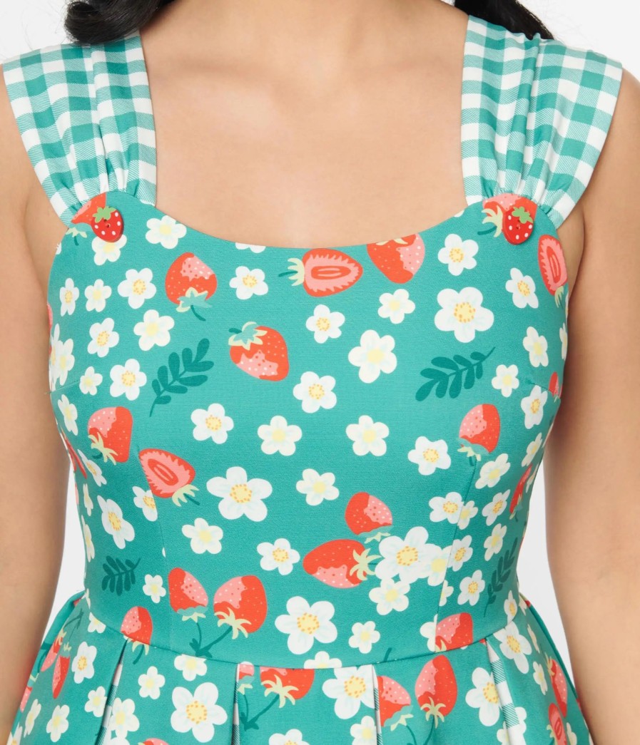 * Unique Vintage Teal Strawberry Floral Picnic Swing Dress Swing