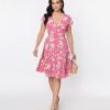 * Unique Vintage Fuchsia Floral Flutter Sleeve Swing Dress Swing